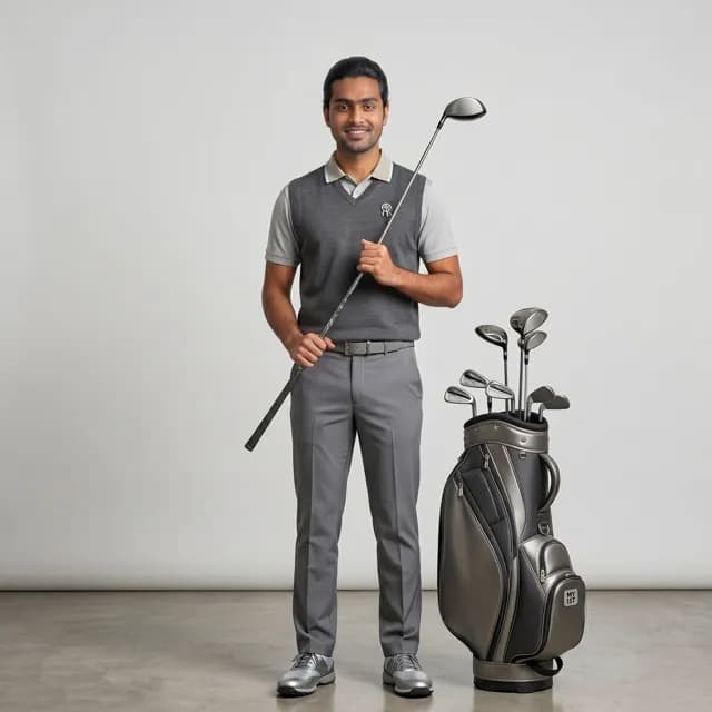 Golf coach in a grey sweater vest and turban holding a driver beside a full golf bag