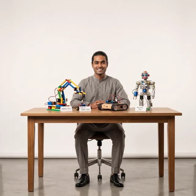 Robotics coach in a grey kurta and turban seated at a workbench with a robotic arm, a wheeled robot and a humanoid robot built from recycled parts