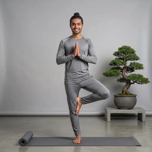 Yoga instructor in a grey tracksuit and turban holding tree pose on a mat, beside a bonsai tree