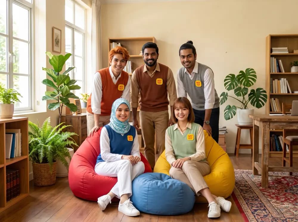 The MY1ST team together in their plant-filled studio lounge